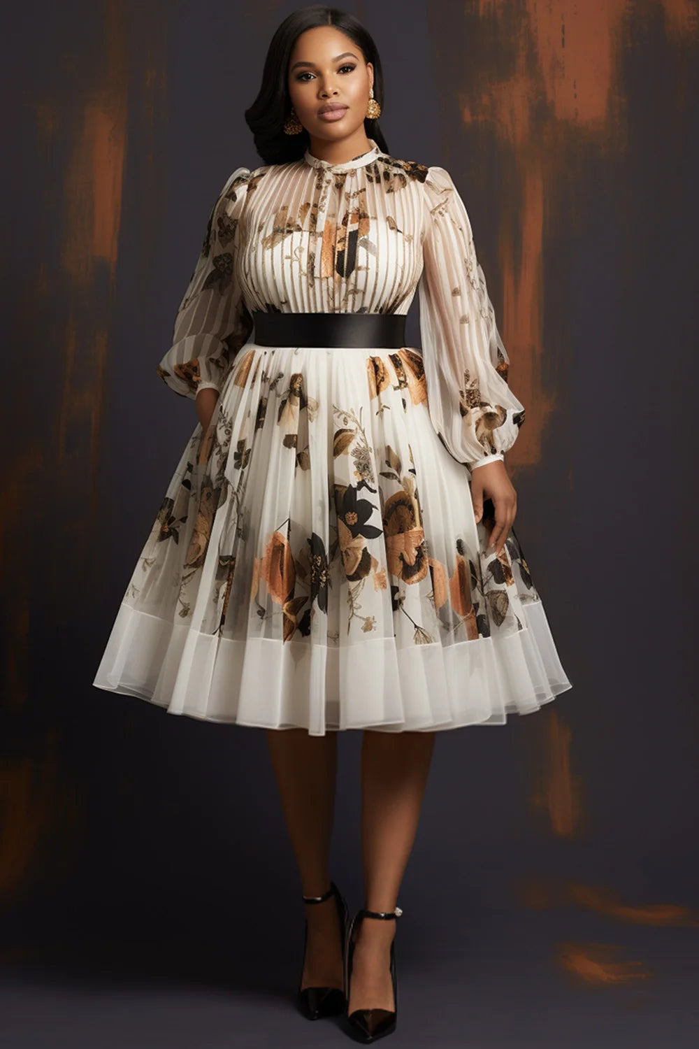 Plus-Size White Floral Chiffon Midi Dress with Long Sleeves and See-Through Detail, Round Neck