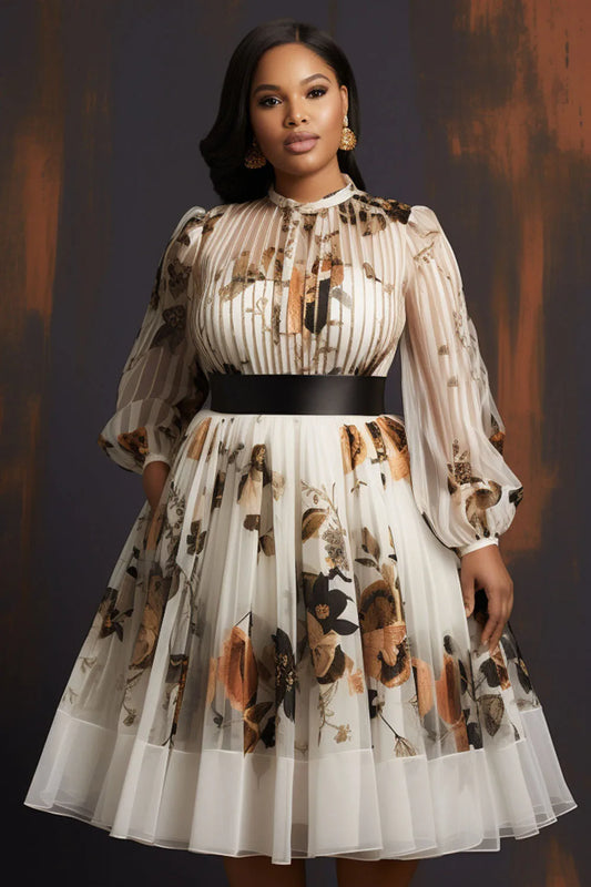 Plus-Size White Floral Chiffon Midi Dress with Long Sleeves and See-Through Detail, Round Neck